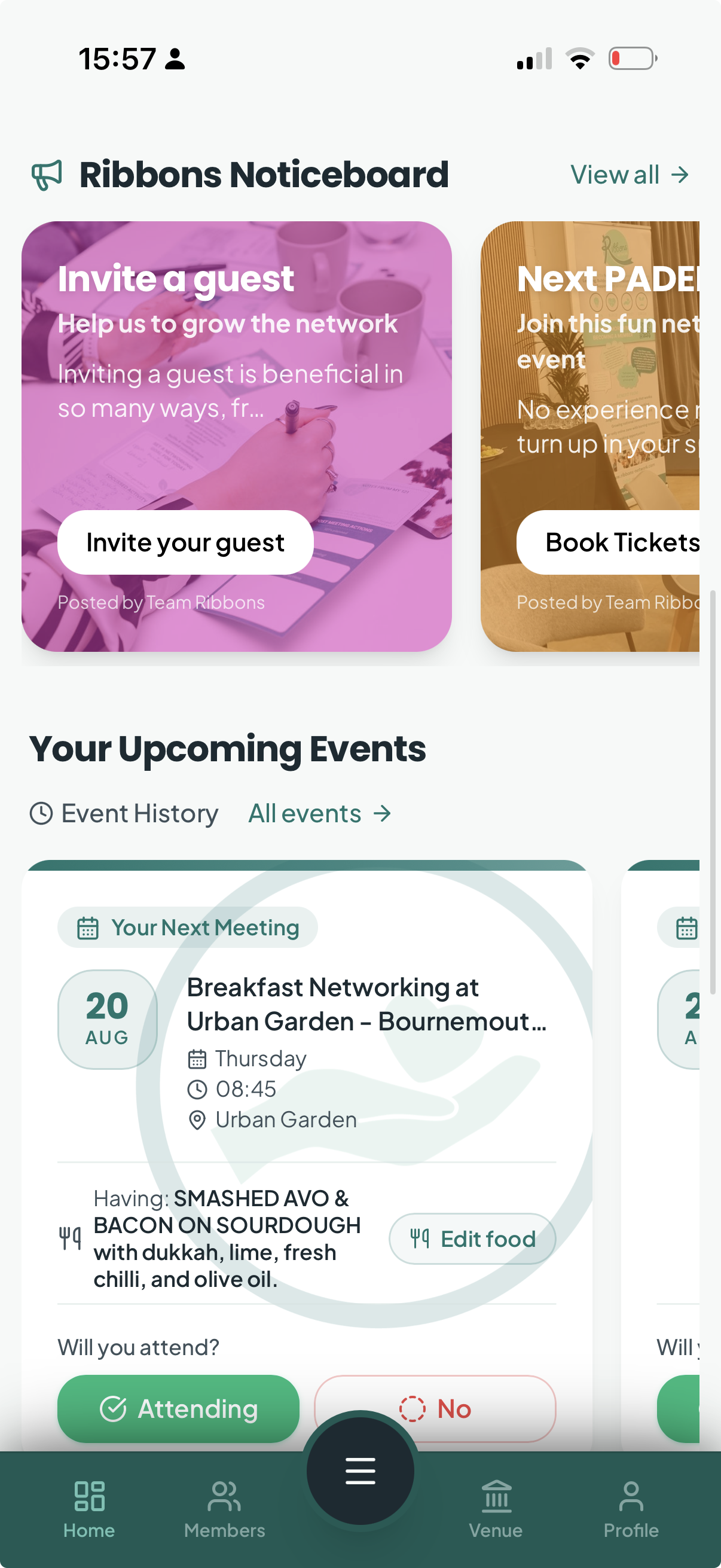 Booking a meeting from the noticeboard in the Ribbons app